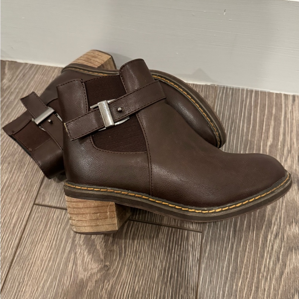 Women’s Brown Leather Ankle Boots with Buckle Accent